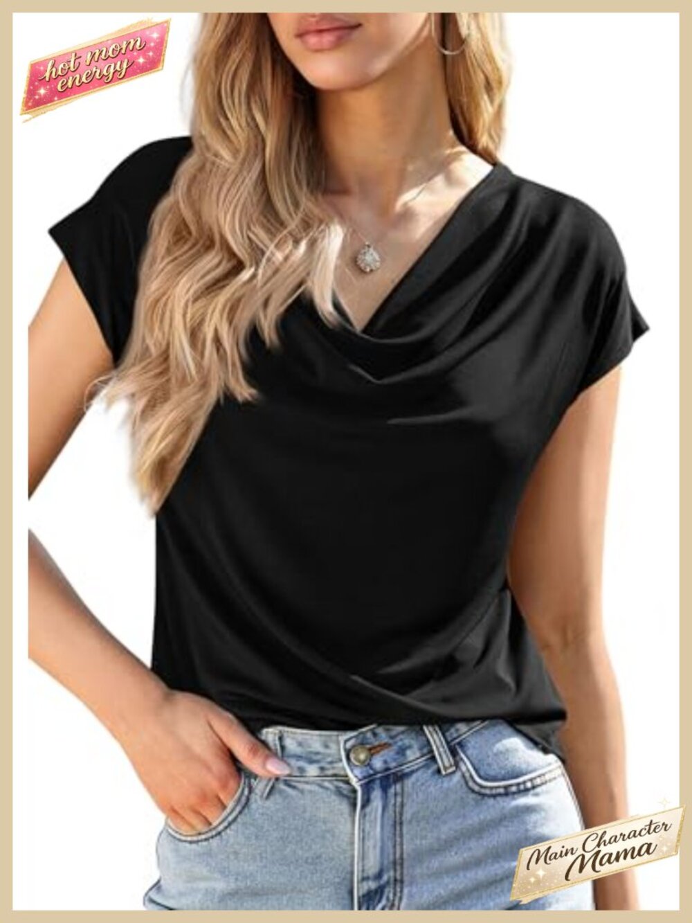 Womens Dressy Business Casual Cowl Neck Cap Sleeve Blouse